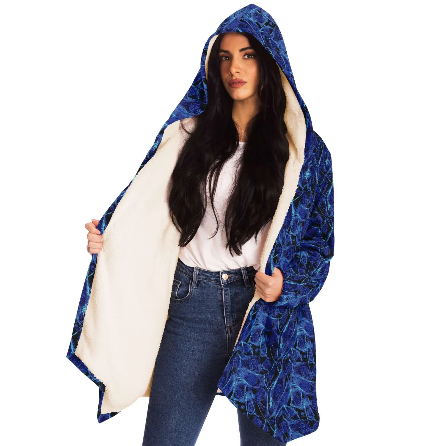 Blue Lighting Hooded Cloak with Pockets - Black or White Fleece