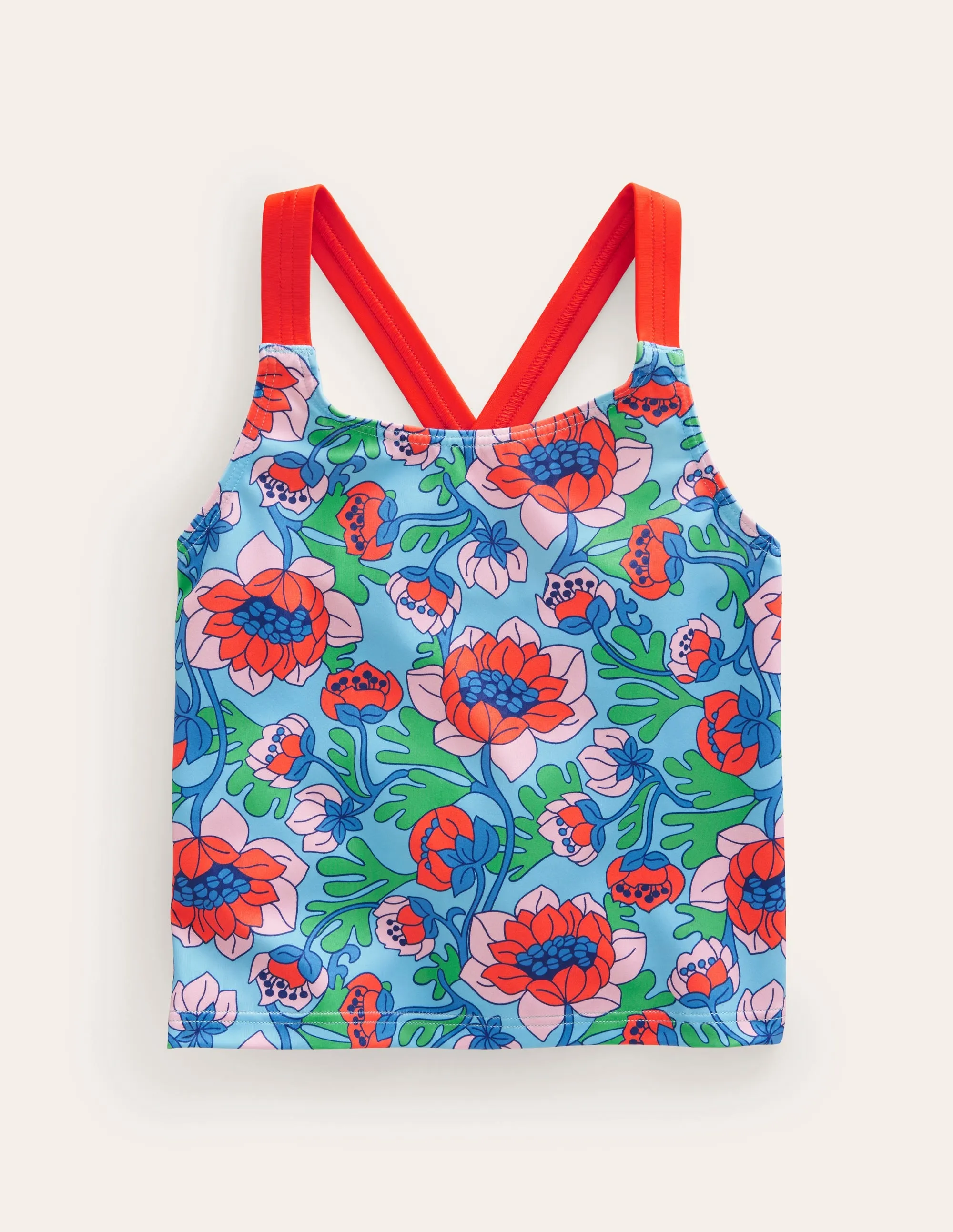 Cross Back Tankini Top-Red Poppy Spring Time Floral