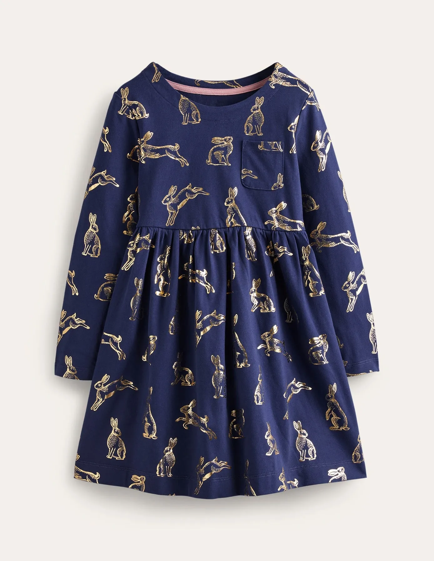 Long Sleeve Fun Jersey Dress-College Navy Foil Bunnies