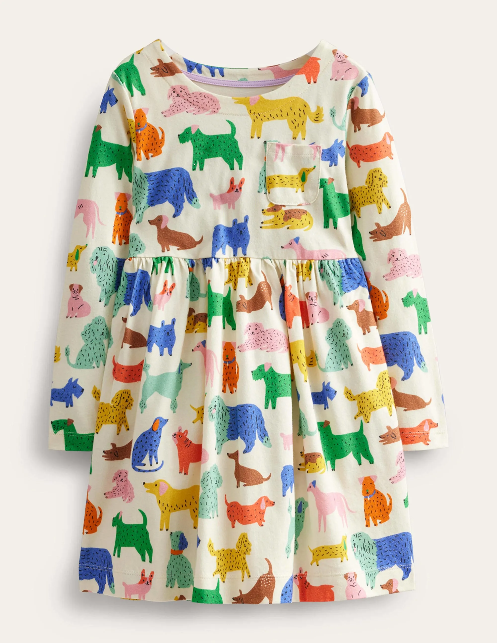 Long Sleeve Fun Jersey Dress-Ivory Playful Pups