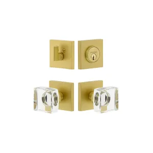 Quadrato Rosette Entry Set with Quadrato Crystal Knob in Satin Brass