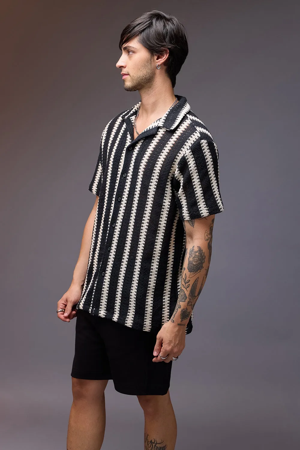 Textured Crochet Achromatic Men's Shirt