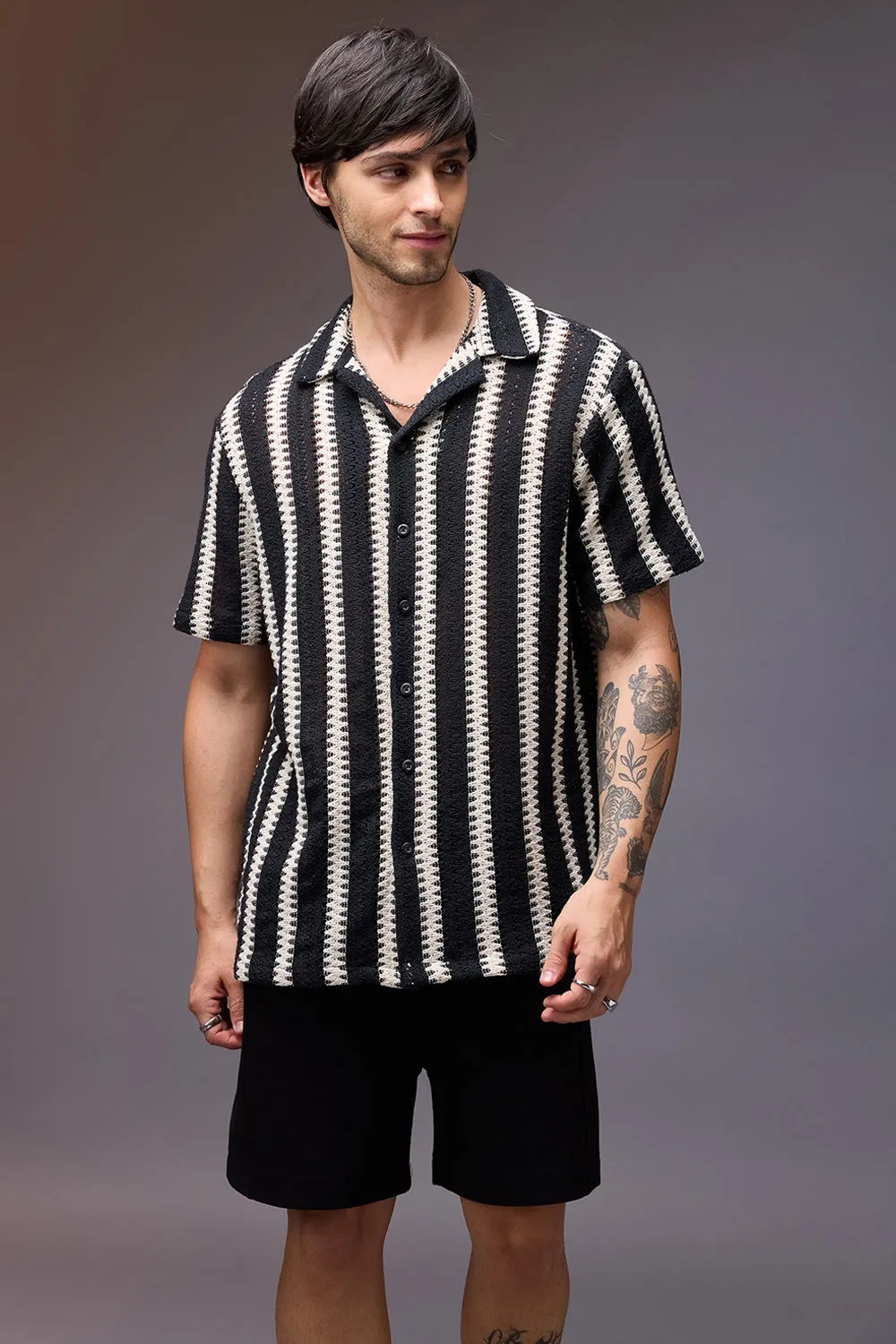 Textured Crochet Achromatic Men's Shirt