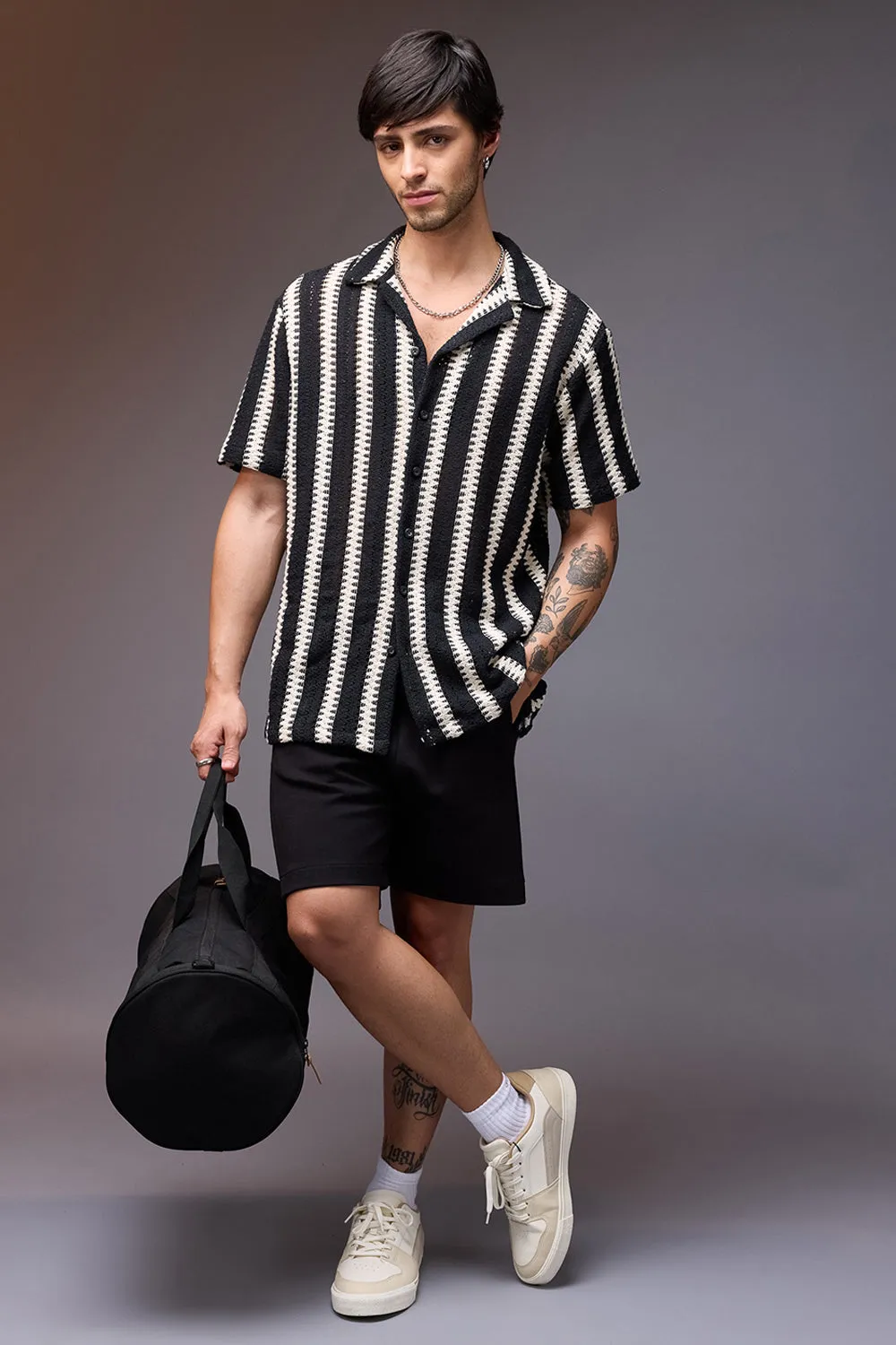 Textured Crochet Achromatic Men's Shirt