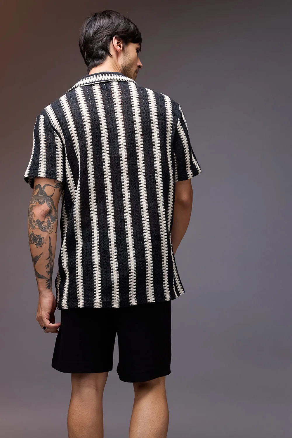 Textured Crochet Achromatic Men's Shirt