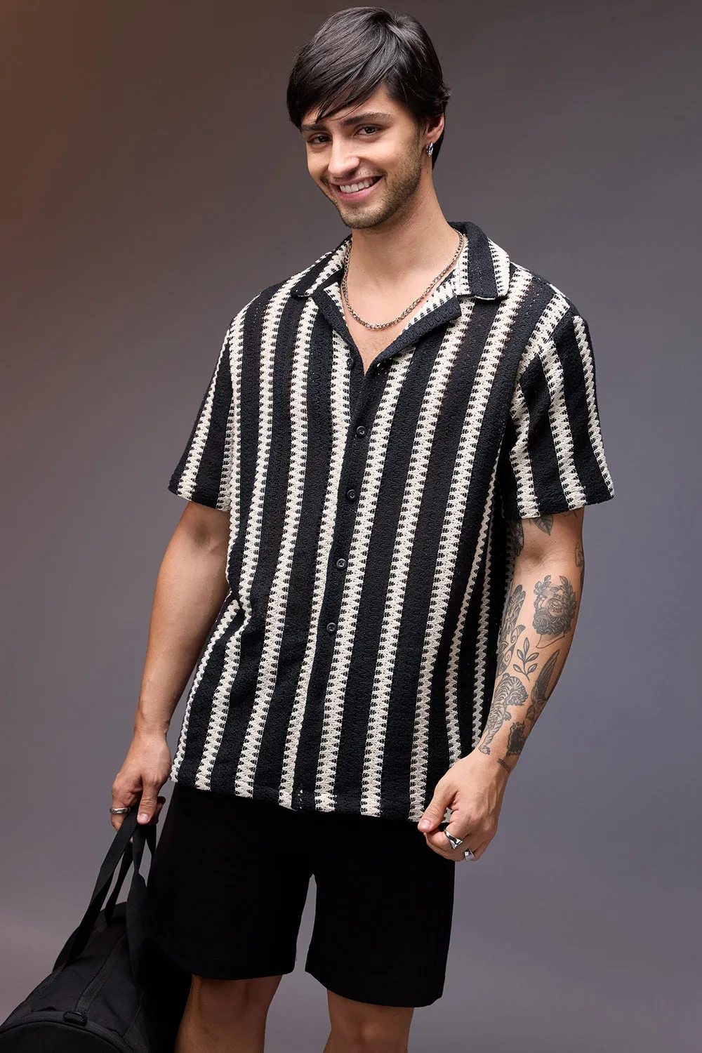 Textured Crochet Achromatic Men's Shirt