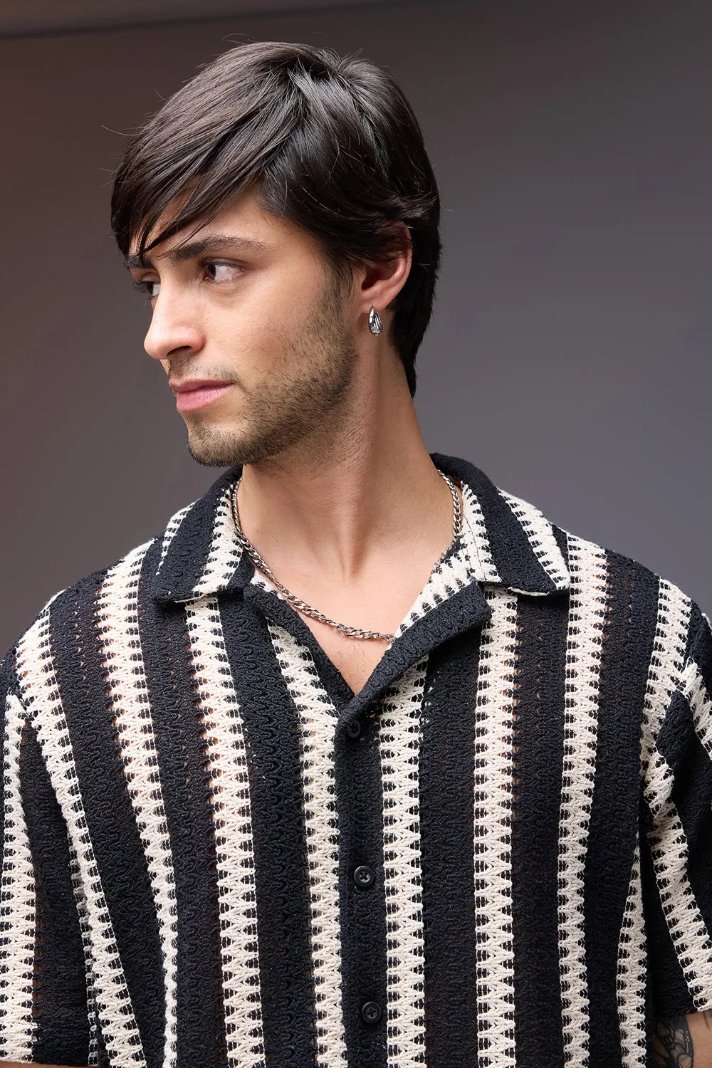 Textured Crochet Achromatic Men's Shirt