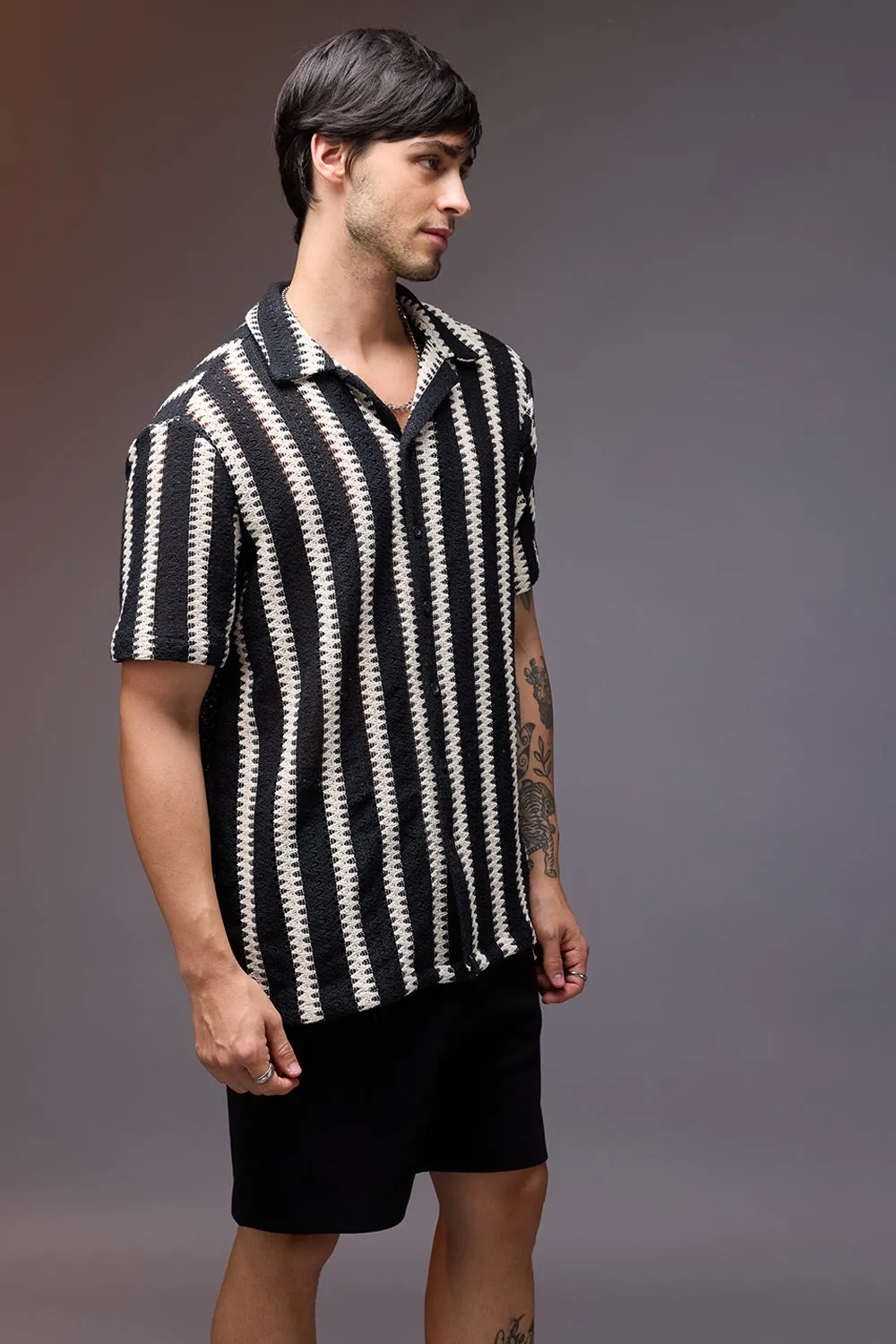 Textured Crochet Achromatic Men's Shirt