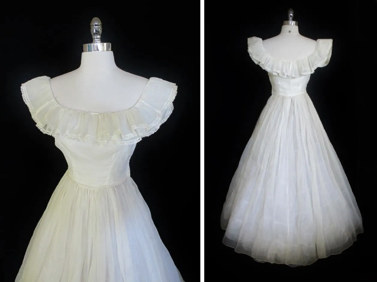 Vintage 40's Sheer White Organdy Full Skirt Evening Wedding Gown Party Dress S