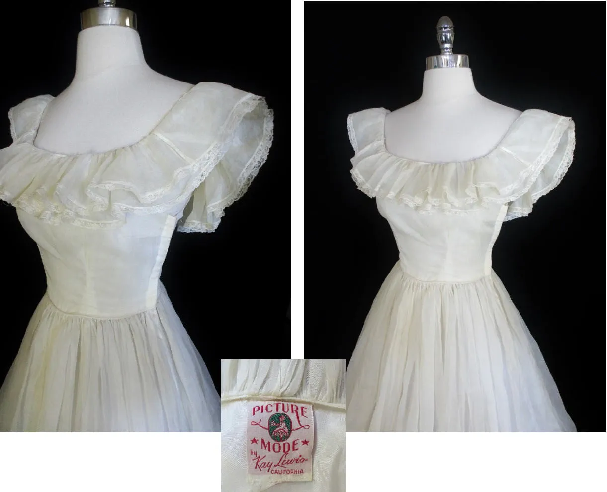 Vintage 40's Sheer White Organdy Full Skirt Evening Wedding Gown Party Dress S
