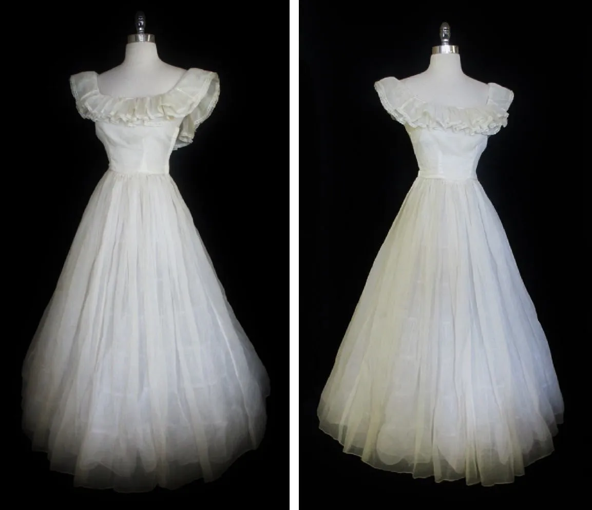Vintage 40's Sheer White Organdy Full Skirt Evening Wedding Gown Party Dress S